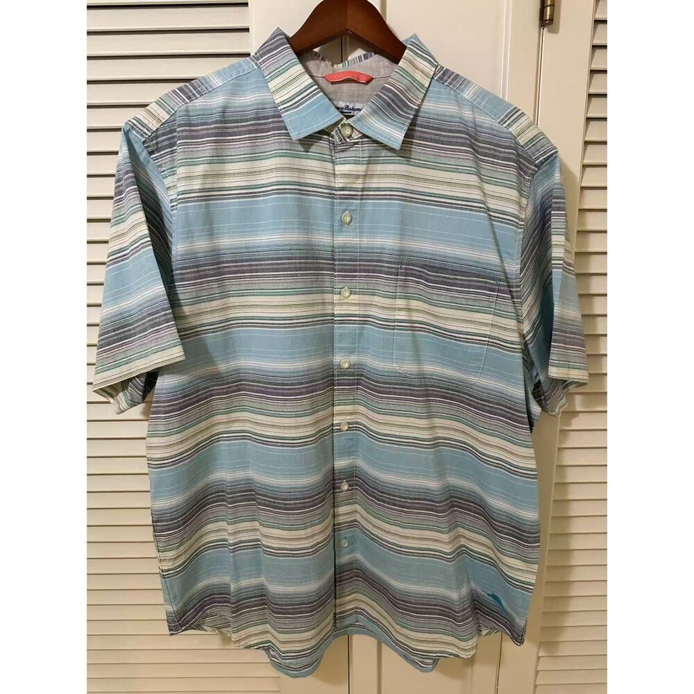 Tommy Bahama Shirt Men's XL Blue Multicolor Striped Short Sleeve Button Up